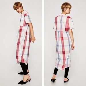ZARA Check Plaid Flannel Midi Shirt Dress Trendy Oversized